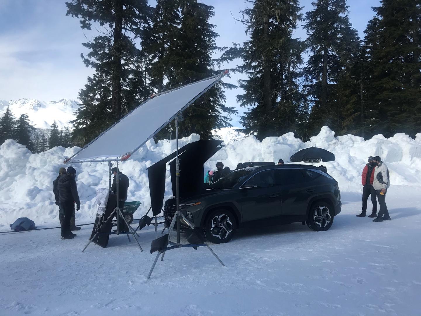 filming car and rig with lighting sheets outside in winter time